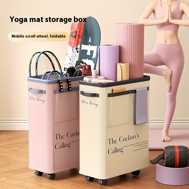 Yoga And Fitness Mat - ตะกร้าเก็บเสื่อโยคะแบบมีล้อ, ตะกร้าใส่ผ้าสำหรับใช้ในบ้าน, ที่เก็บอุปกรณ์ฟิตเนสสำหรับพื้นที่แคบ